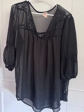 Mossimo Supply Co. Black Sheer Lace-Trim Peasant Blouse